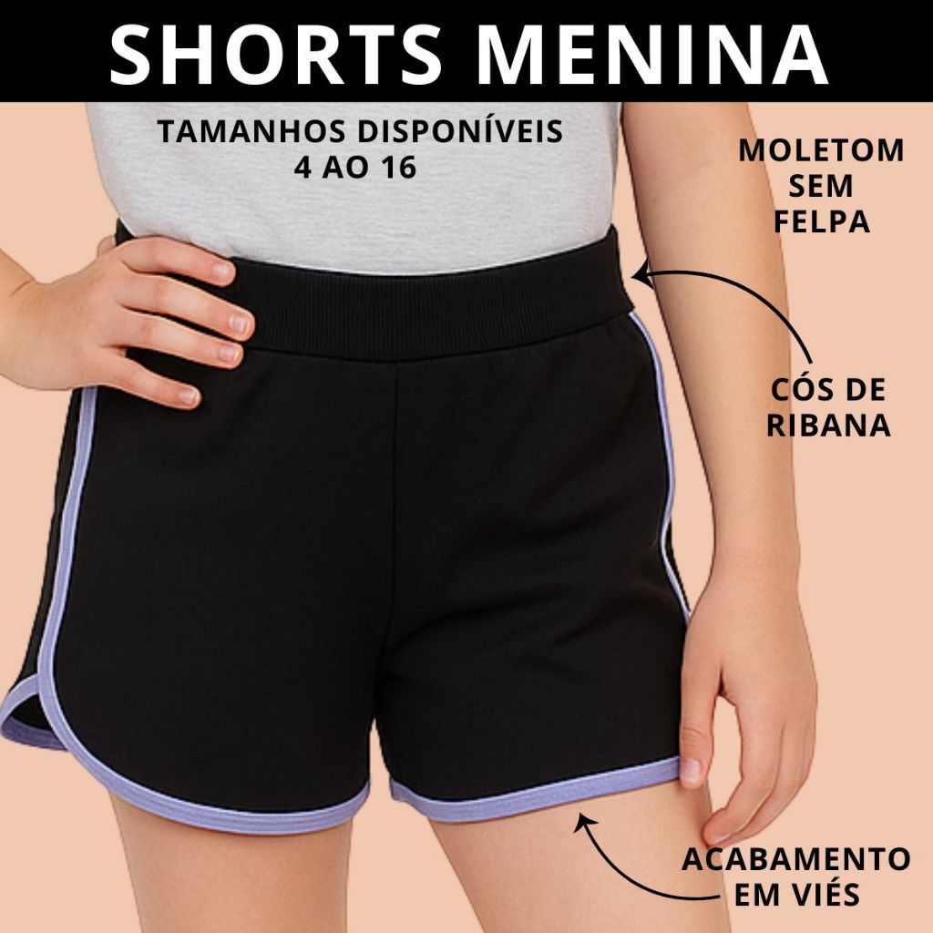 Shorts Infantil Juvenil Menina Moletom com Filete 3320-A