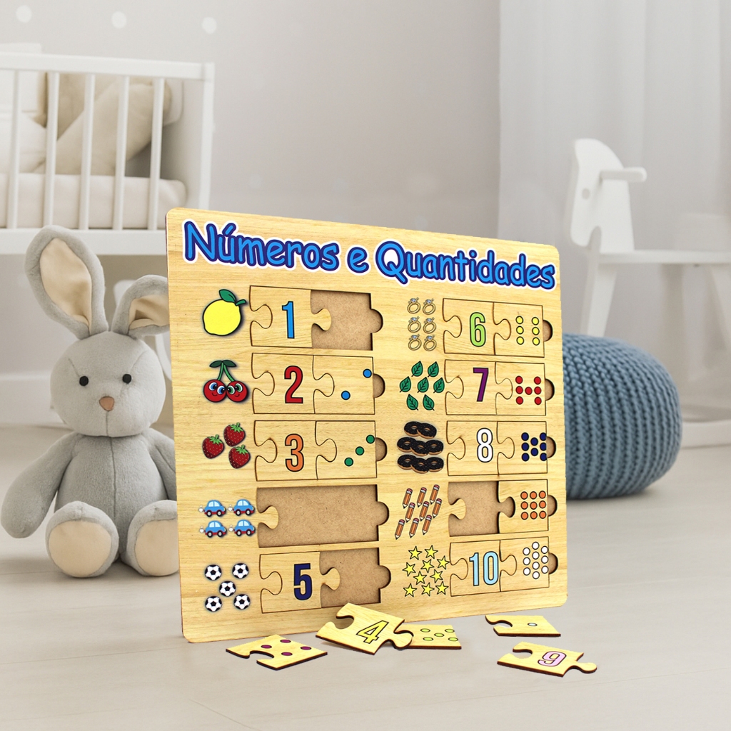 Brinquedos Educativo Infantil Número e quantidades em MDF - Quebra Cabeça Pedagógico de Encaixe em Oferta na Shopee