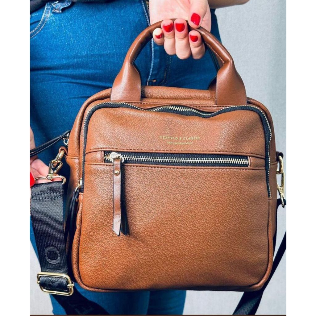 Bolsa Feminina Veryrio Grande Compartimentos com Ziper Alça de Mão e Transversal