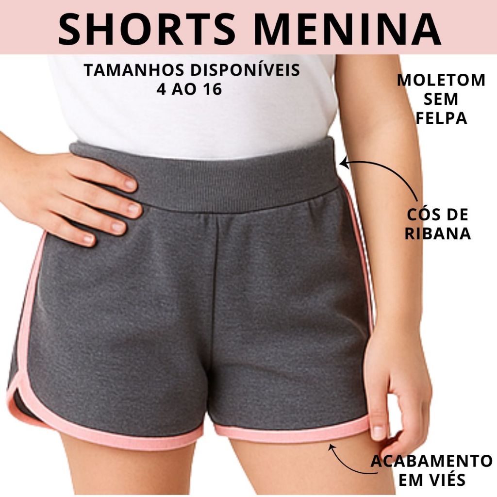 Shorts Menina Infantil Moleton Fresco e Confortável Juvenil Filete Diferenciado 3322-A