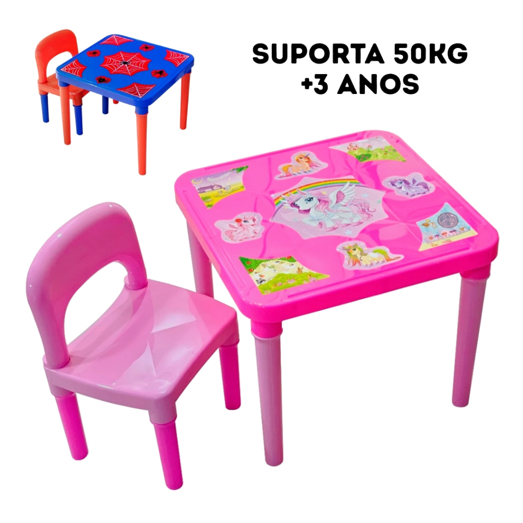 Mesa e Cadeira Infantil Spider Aranha Dinossauros ou Unicórnio Mesinha Cadeirinha Brincar e Desenhar