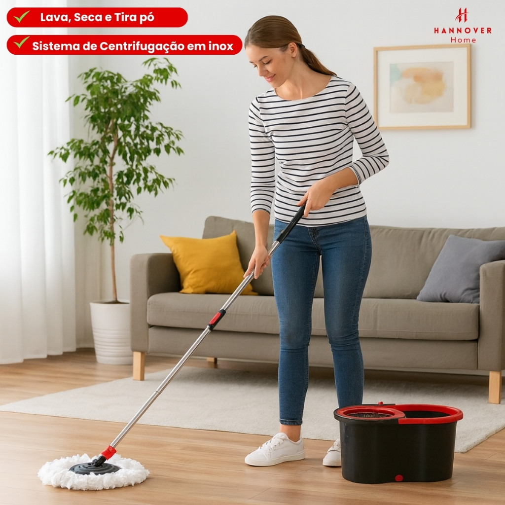 Mop Limpeza Giratório Pro 360° Cesto Inox Balde Com Dispenser Limpeza Pesada Preto e Vermelho