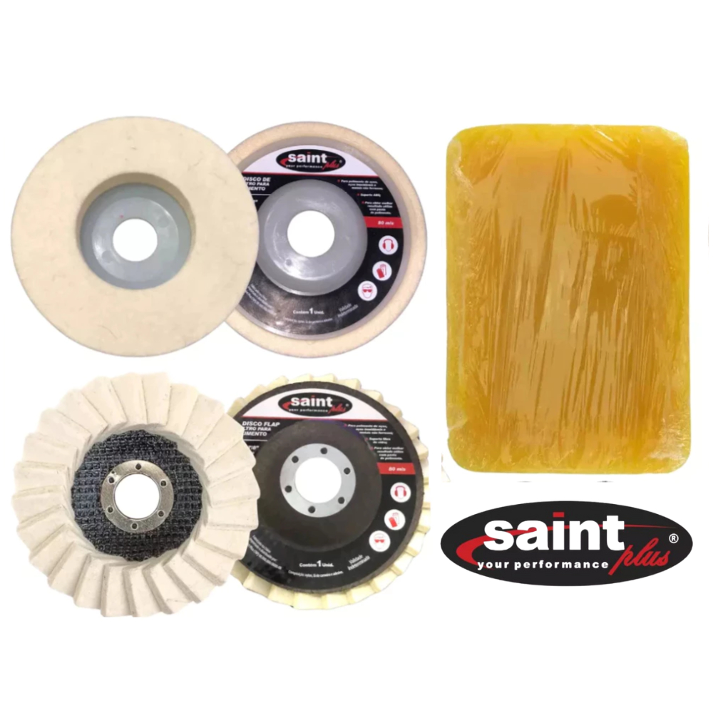 Kit 2x Flap Polimento Inox Disco Feltro Flap Lã + Cera Carnauba 500g Madeira e Inox Saint