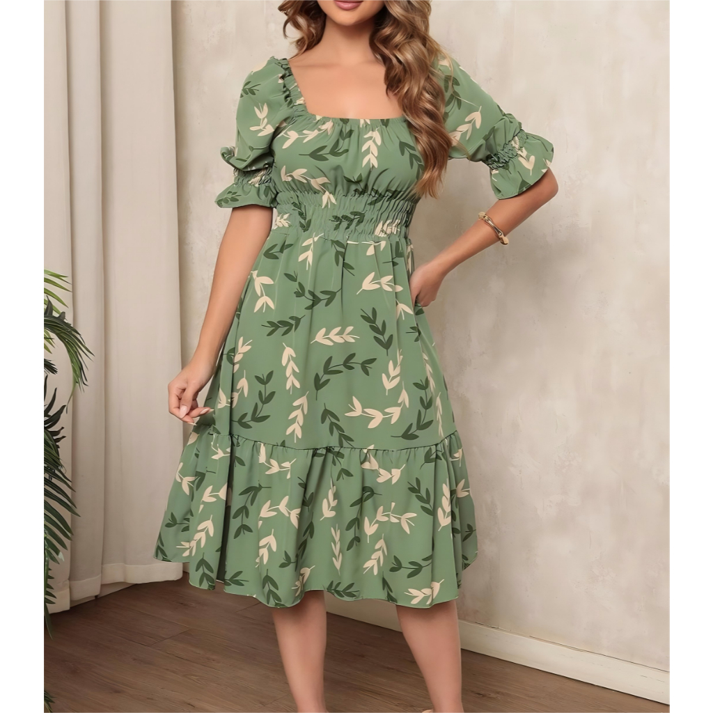 Vestido  Feminino midi | crepinho com Elastec l Poá l Ombro à Ombro. em Oferta na Shopee