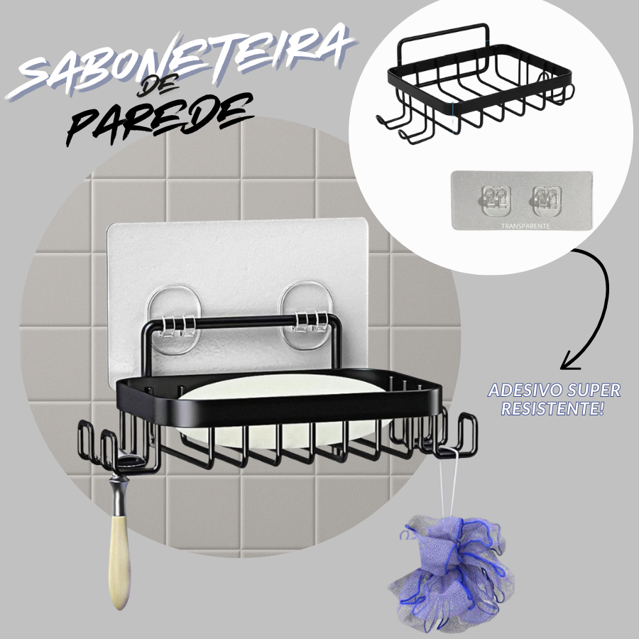 1/2 Pecas Saboneteira de Parede Adesiva com Ganchos – Para Banheiro, Cozinha e Área de Serviço