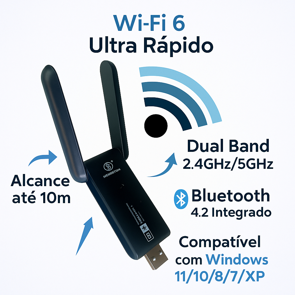 Adaptador USB WiFi Bluetooth Internet Rápida e Conexão Sem Fio Dual Band 10 Metros