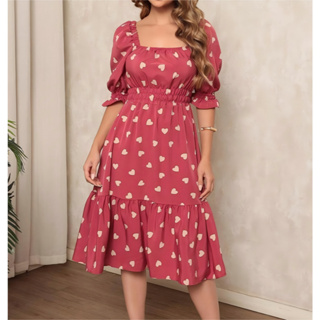 Vestido midi feminino coração, bolinhas, decote quadrado e mangas curtas bufantes, corte A, franzido, bainha com babados em Oferta na Shopee