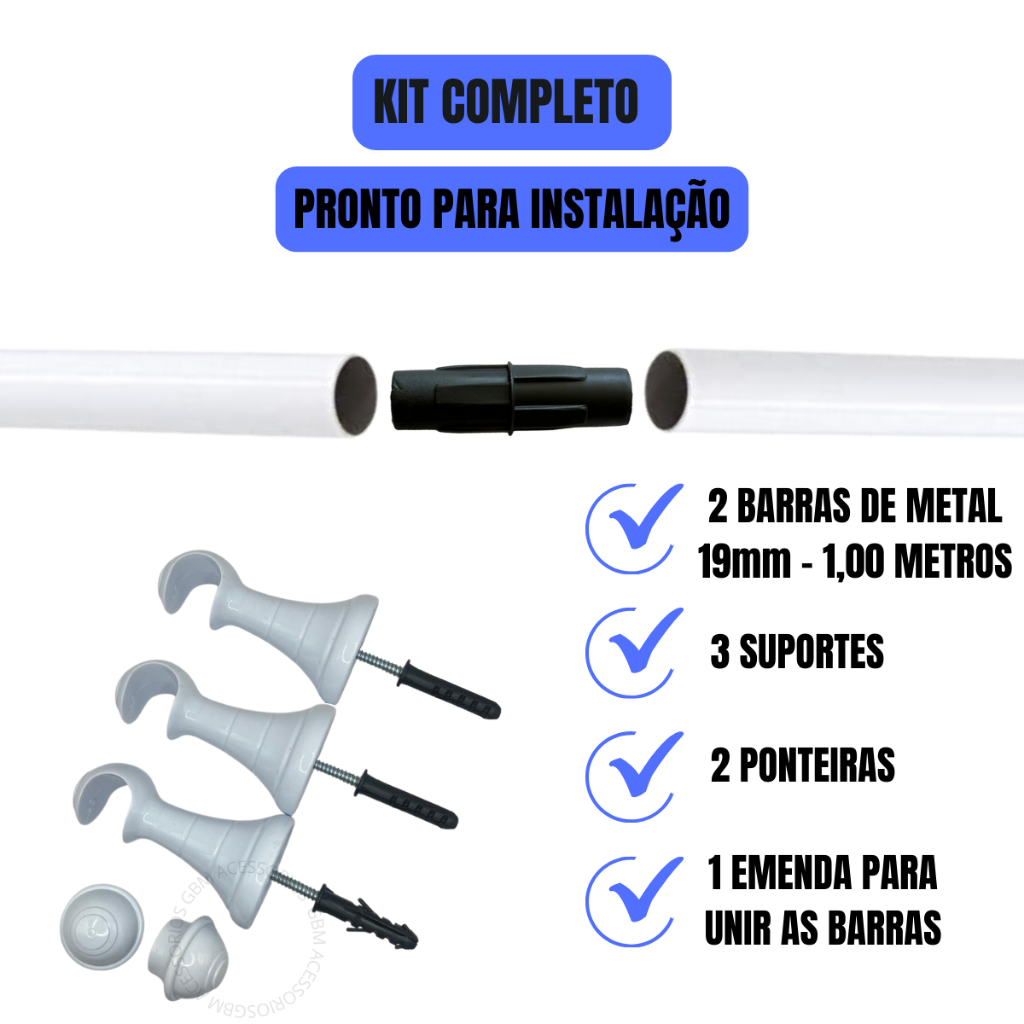 Kit Varão Cortina 2,00 Metros 19mm Varias Cores Simples