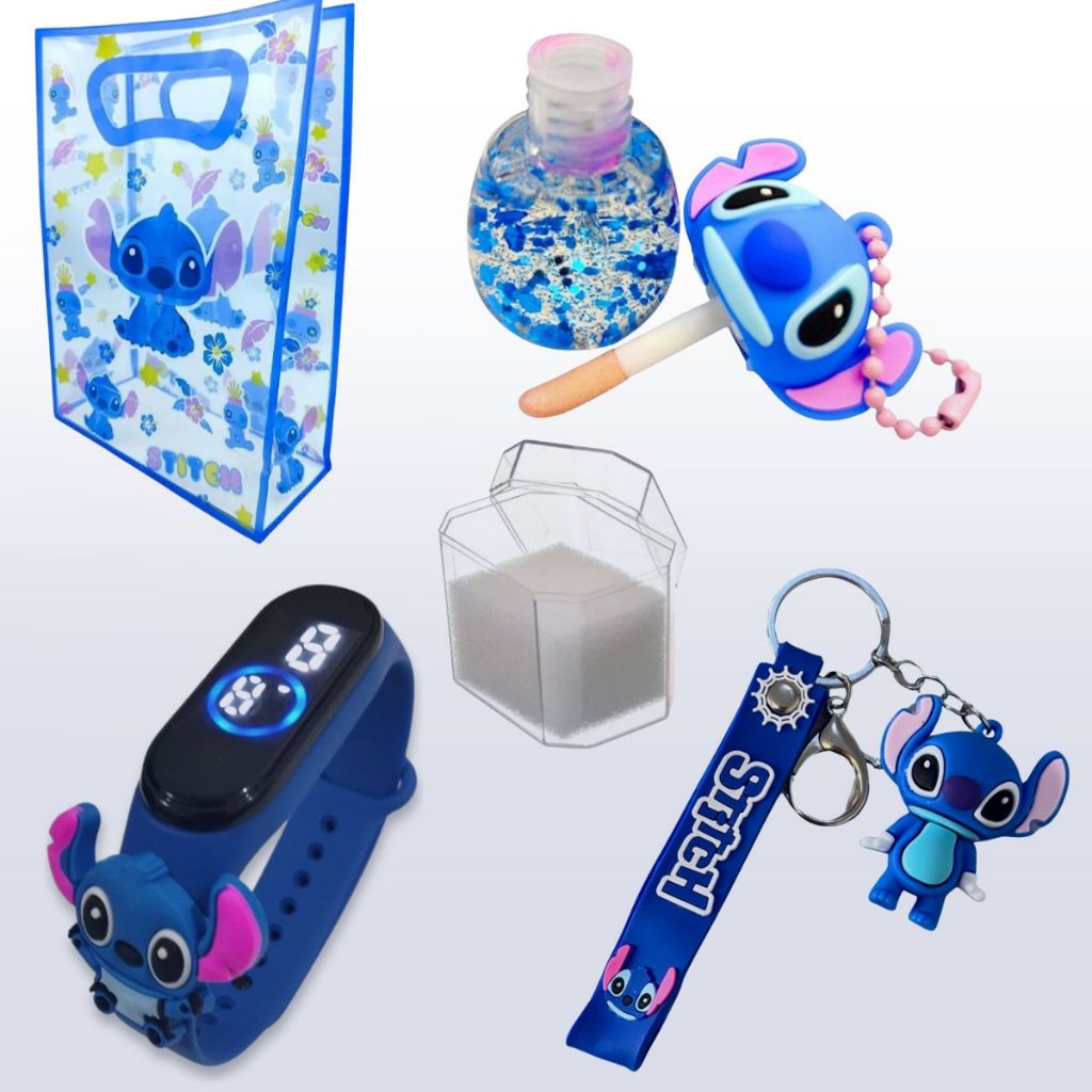 Kit Stitch Relógio Infantil Digital Stitch Disney Á Prova De água Led azul + Gloss Brilho Labial Stich Chaveiro