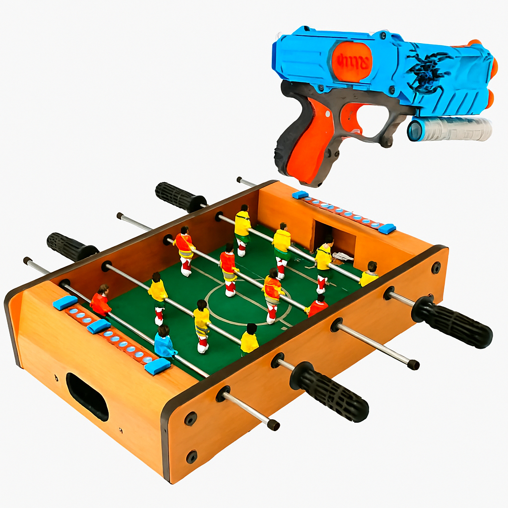 Pistola Dardos Estilo Nerf e Pebolim Mini Mesa de Futebol 12 Jogadores Madeira Premium