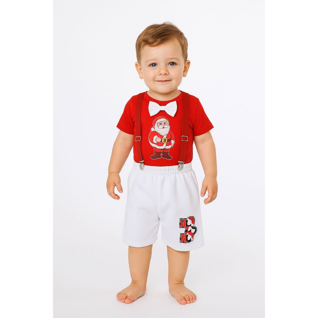 Conjunto Papai Noel Bebê Menino Roupa Festa Natal Infantil Camiseta, Short e Suspensório Temático Natalino Ensaio Fotos