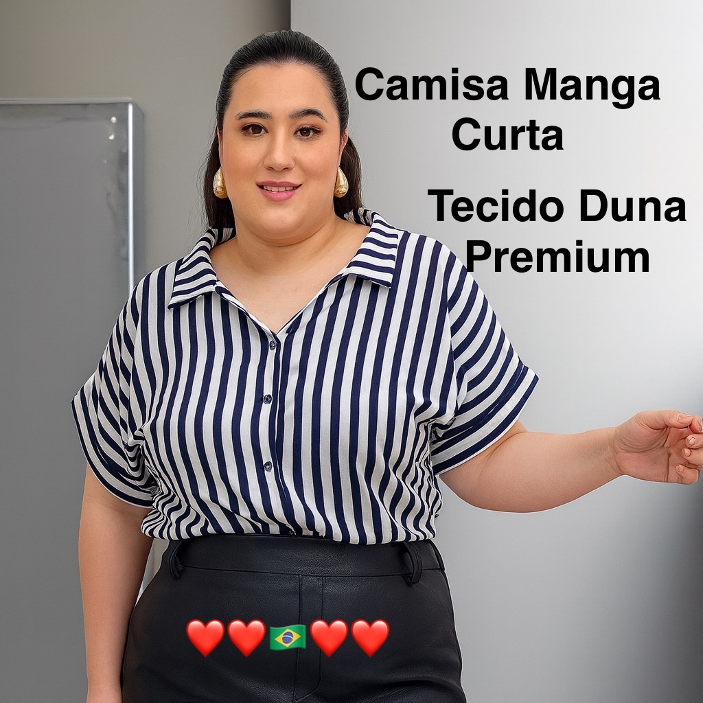 Camisa Feminina Duna Premium Manga Curta Botões Forrados Lisa/Listrada Veste 44–50