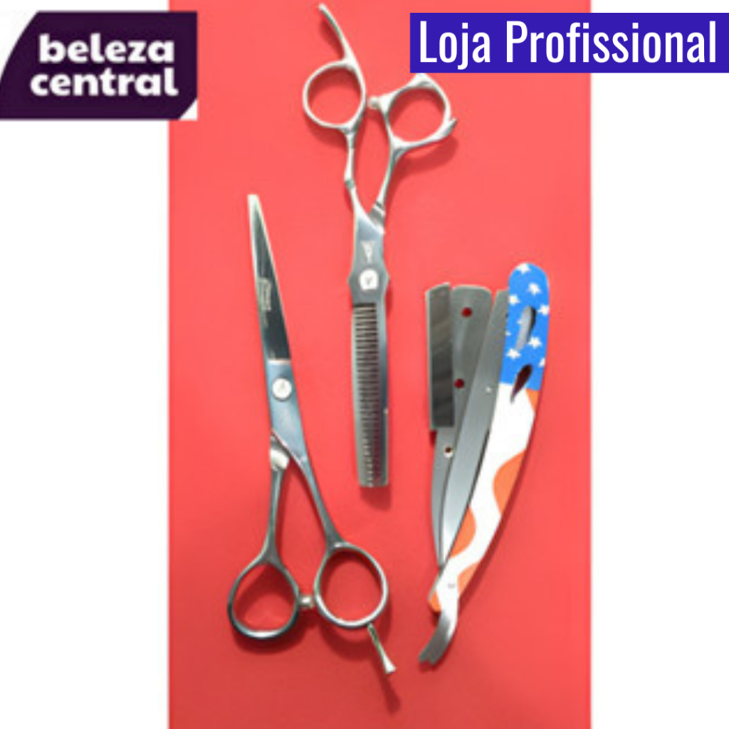Kit Barbeiro Tesoura Fio Laser 6" Mofashi + Desbastadeira Mofashi 6" + Navalhete Americano