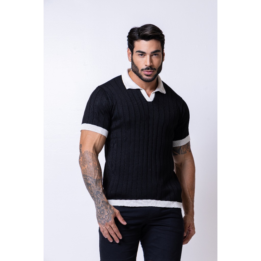 Camisa gola polo tricot duocolor manga curta canelada malha linha premium verão 2026 camiseta blusa masculina envio 24h em Oferta na Shopee