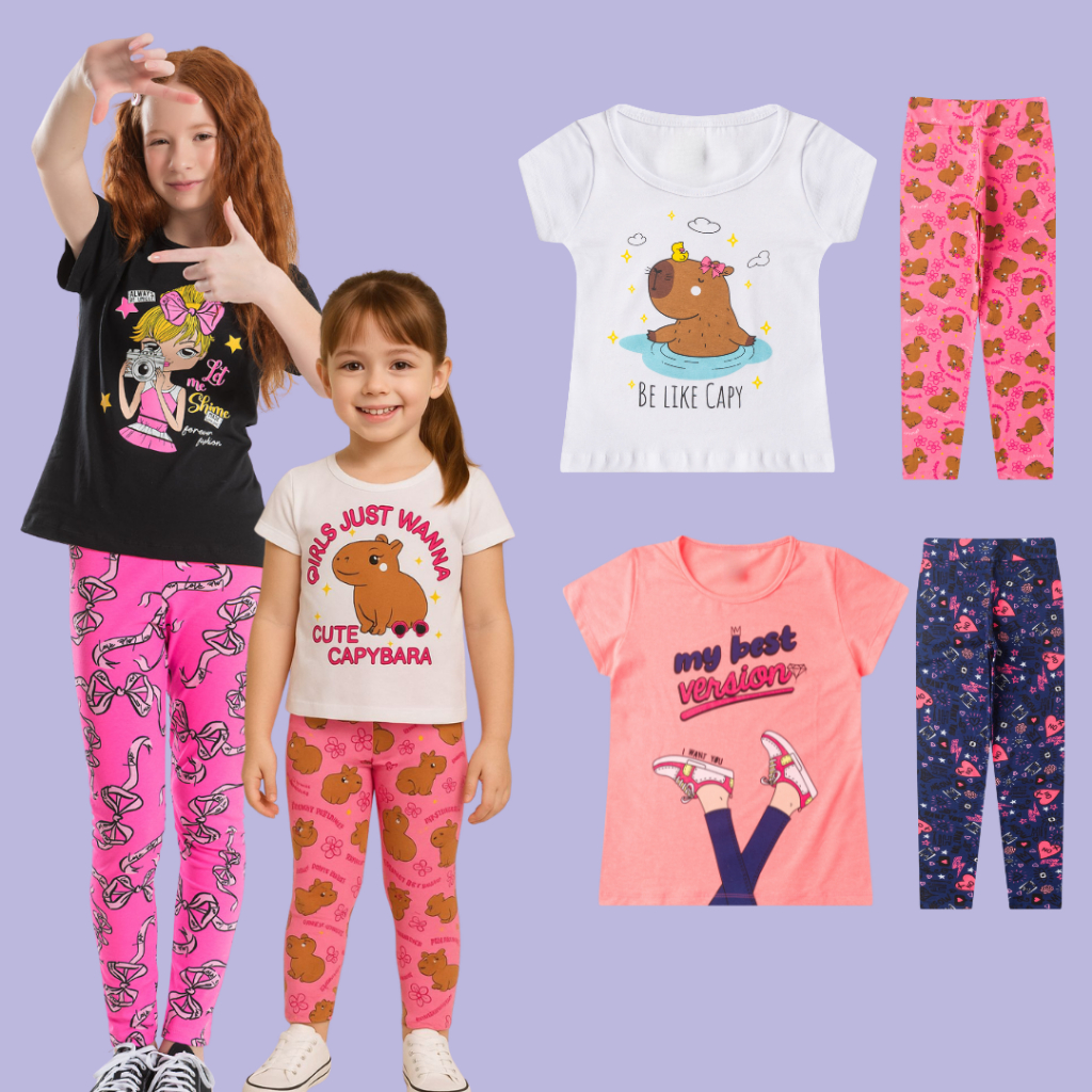 Kit 4 Peças Conjunto Infantil Menina Calça Legging e Blusa Camiseta Feminino Bebe Atacado 16 anos