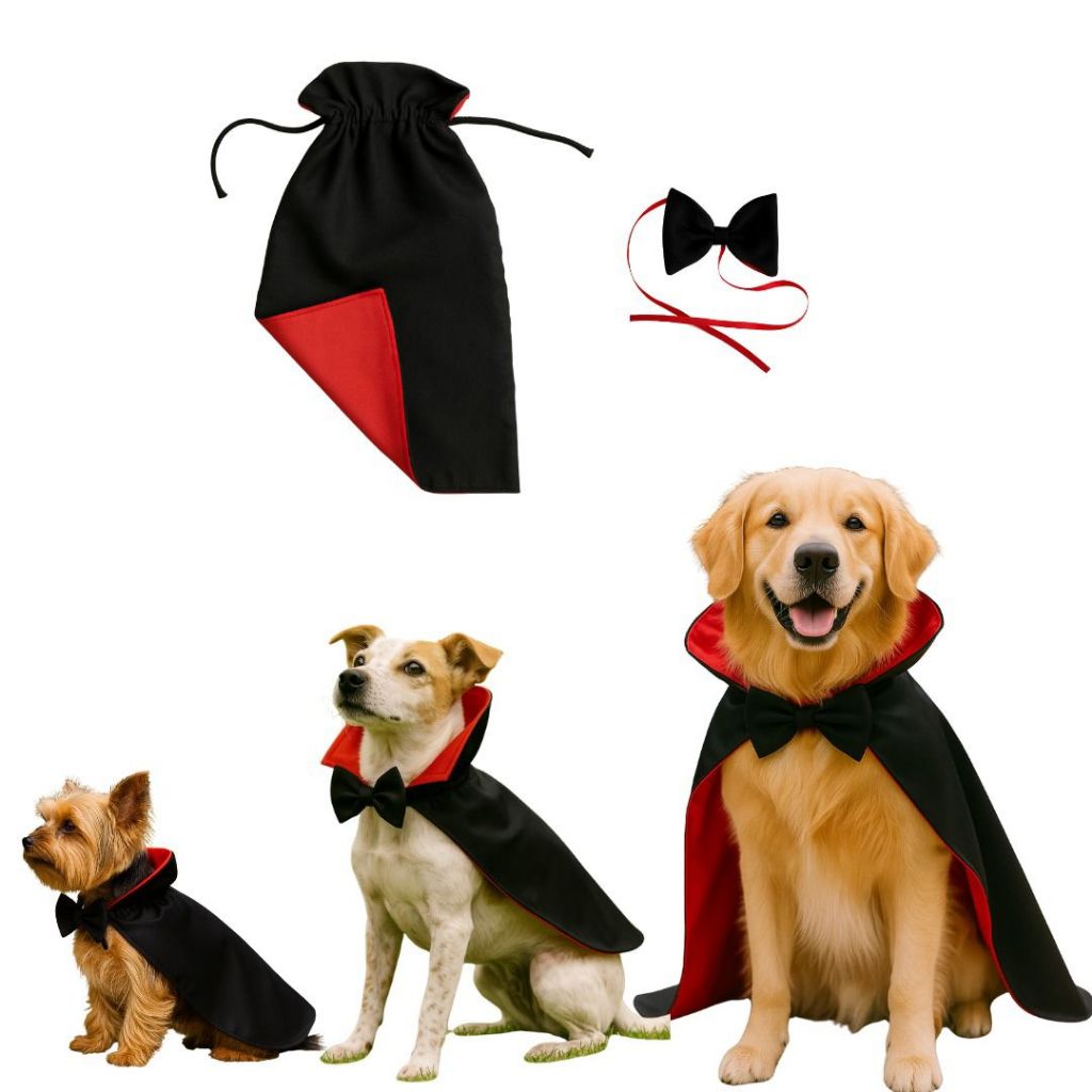 Capa do Drácula com Lacinho para Pet, Fantasia Halloween para Cachorros e Gatos