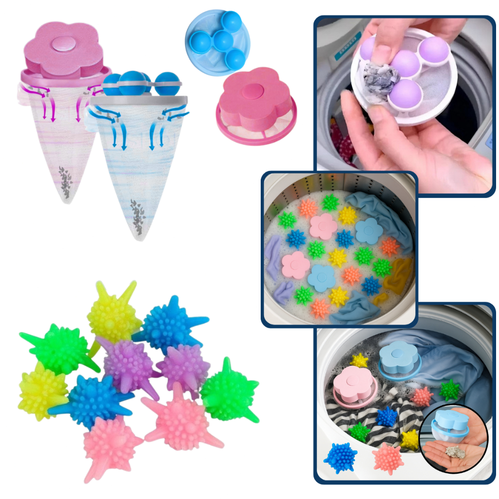 16 Esferas Magicas + 4 Coletores de Pelos Fiapos Filtro Maquina Tanquinho de Lavar Bater Roupas