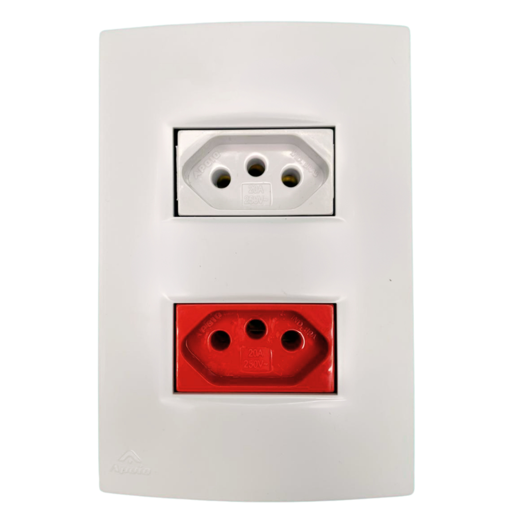 Tomada Dupla Com 1 modulo 10a Branco + 20a Vermelha Linha Lissê Apoio Branco