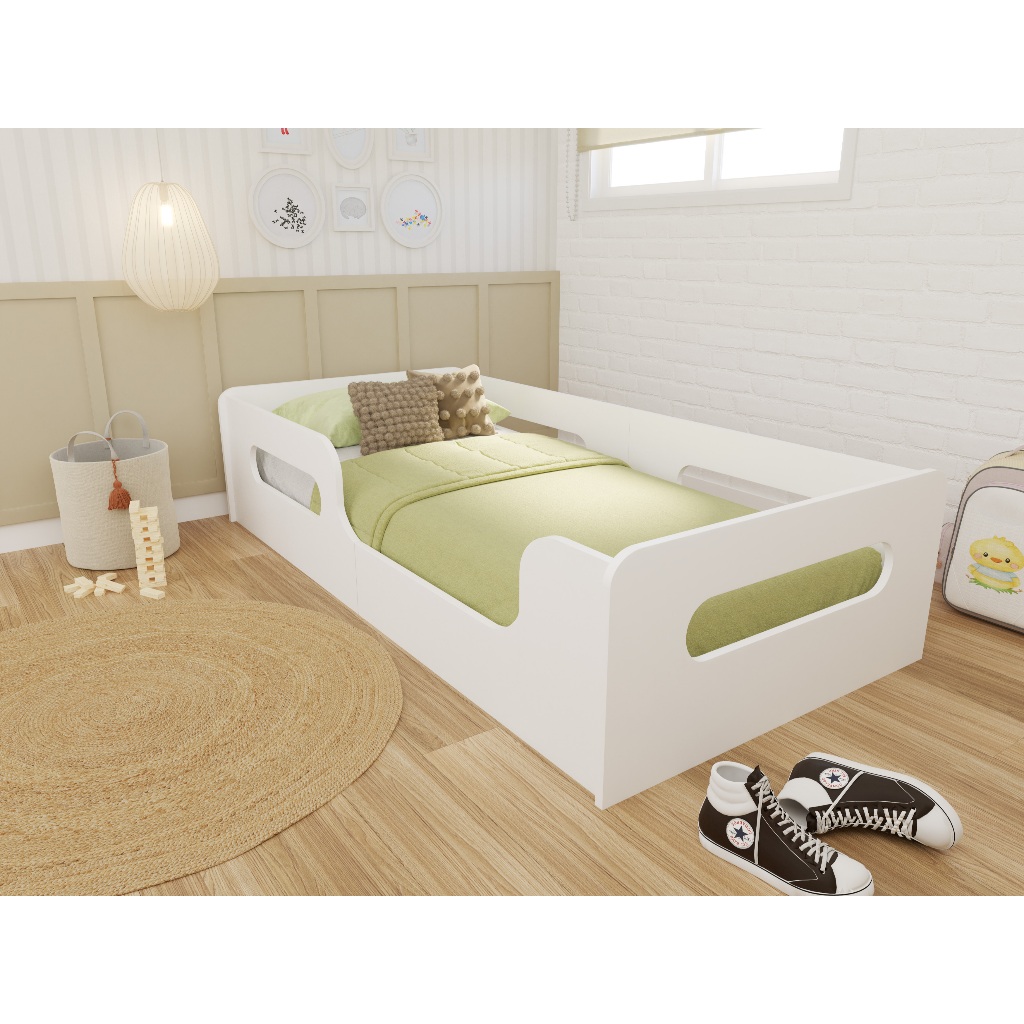 Cama De Solteiro Valentina Branca Montessoriana Juvenil Infantil Grade Proteção Lateral MDF Baixa Quarto Criança Unissex