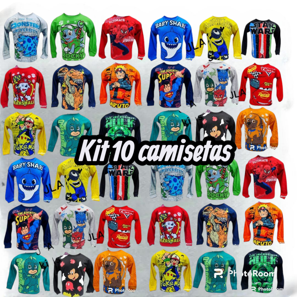 Kit 10 camisetas manga longa infantil, personagens, 100% algodão ( os kits são enviados bem sortidos com cores e estampa