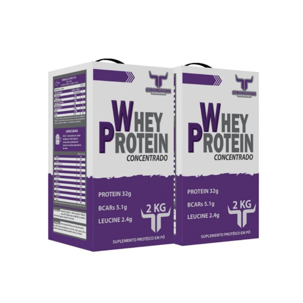 Kit 2 Whey Protein Stronghorn 2kg cada 100% Concentrado Caixa Refil 32g Proteína Nutrição Total 4kg