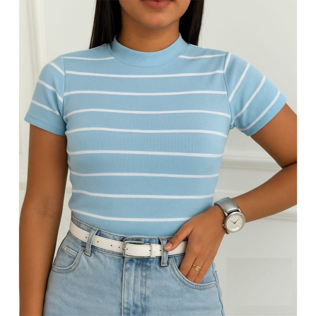 Camiseta Feminina Canelada Listrada Estilosa Confortável Casual