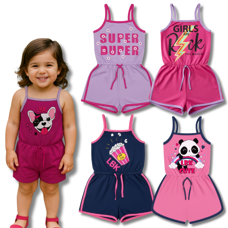 Kit 4 Macacão Menina Estampas Divertidas Coloridas Verão Infantil - Macaquinho Feminino Sortidas