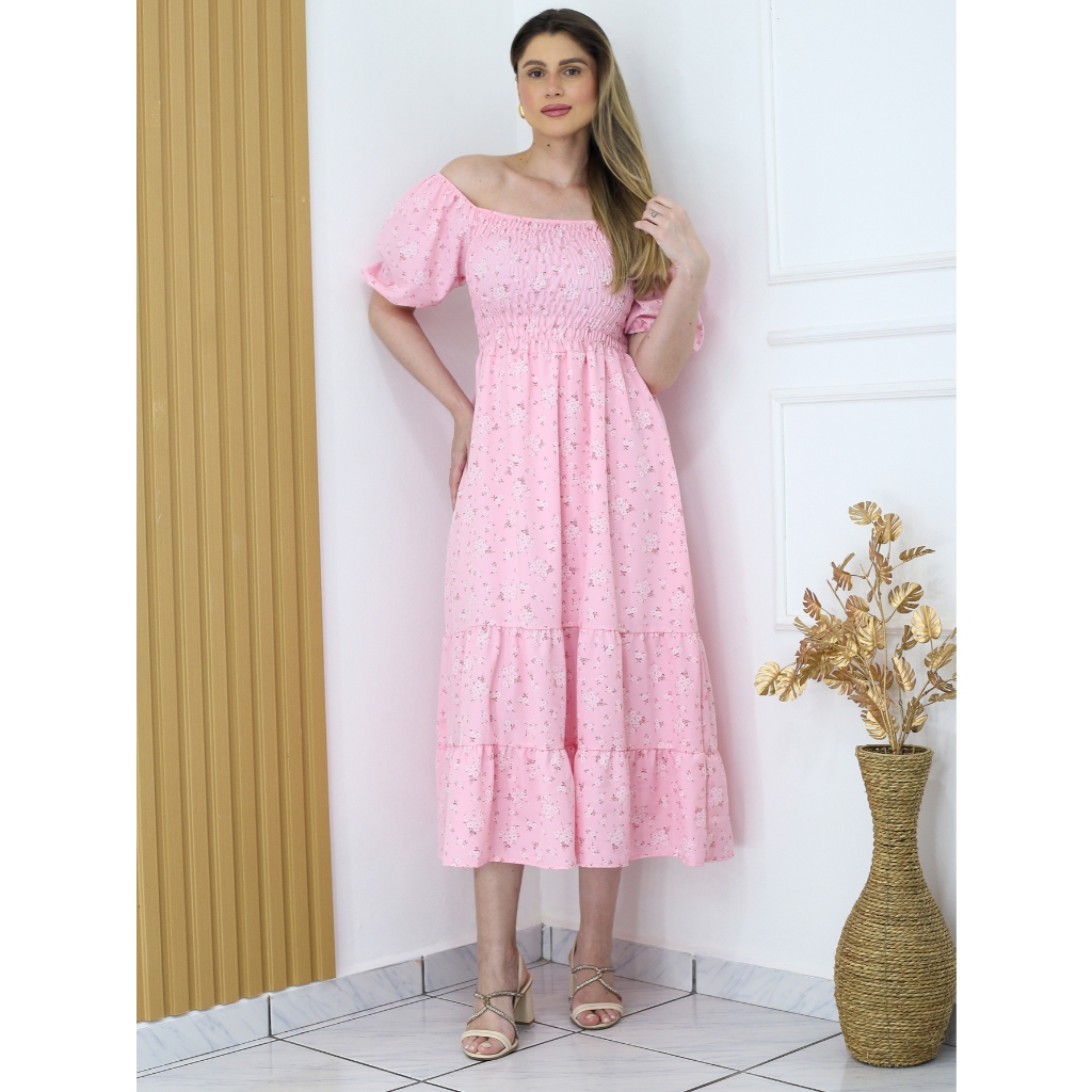 A&D Vestido Na Canela Floral Com Elástico Forrado Crepe Tem Forro em Oferta na Shopee