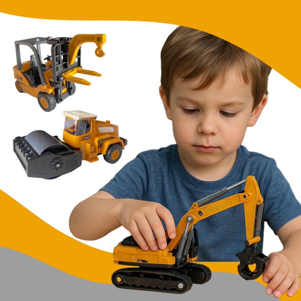 Kit 3/4 Empilhadeira Escavadeira Rolo Compressor Brinquedos Construção Coleção Realista