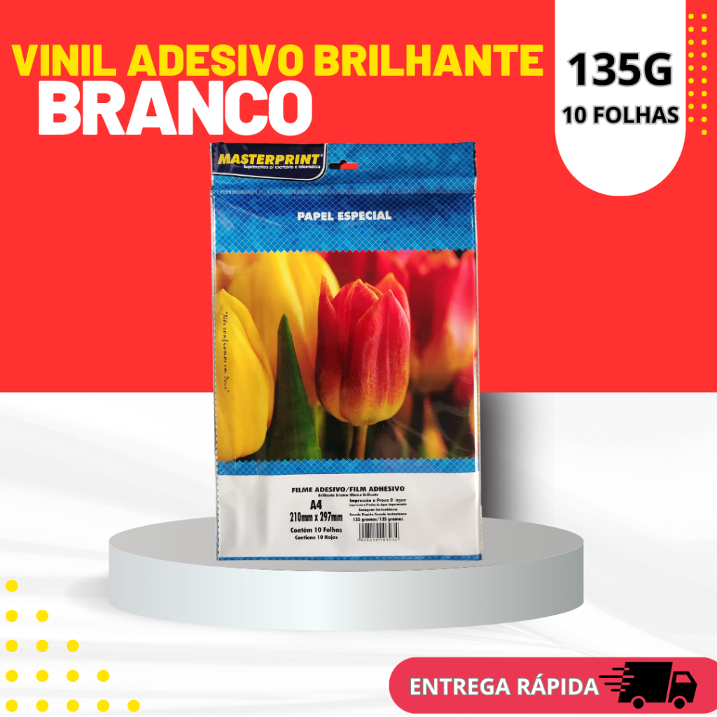 Filme Vinil Auto Adesivo 135g A4 A Prova D'água Masterprint 10 Fls Cor Branco Para Impressora Jato de tinta