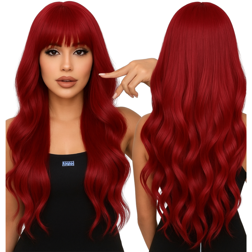 Peruca Ondulada Vermelha Com Franja 60cm Fibra Organica em Oferta na Shopee