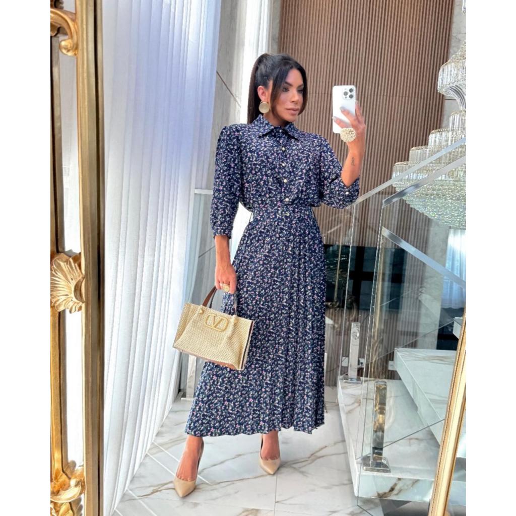 Vestido Midi Plissado Com Cinto Tendência Verão Moda Blogueira Chique em Oferta na Shopee