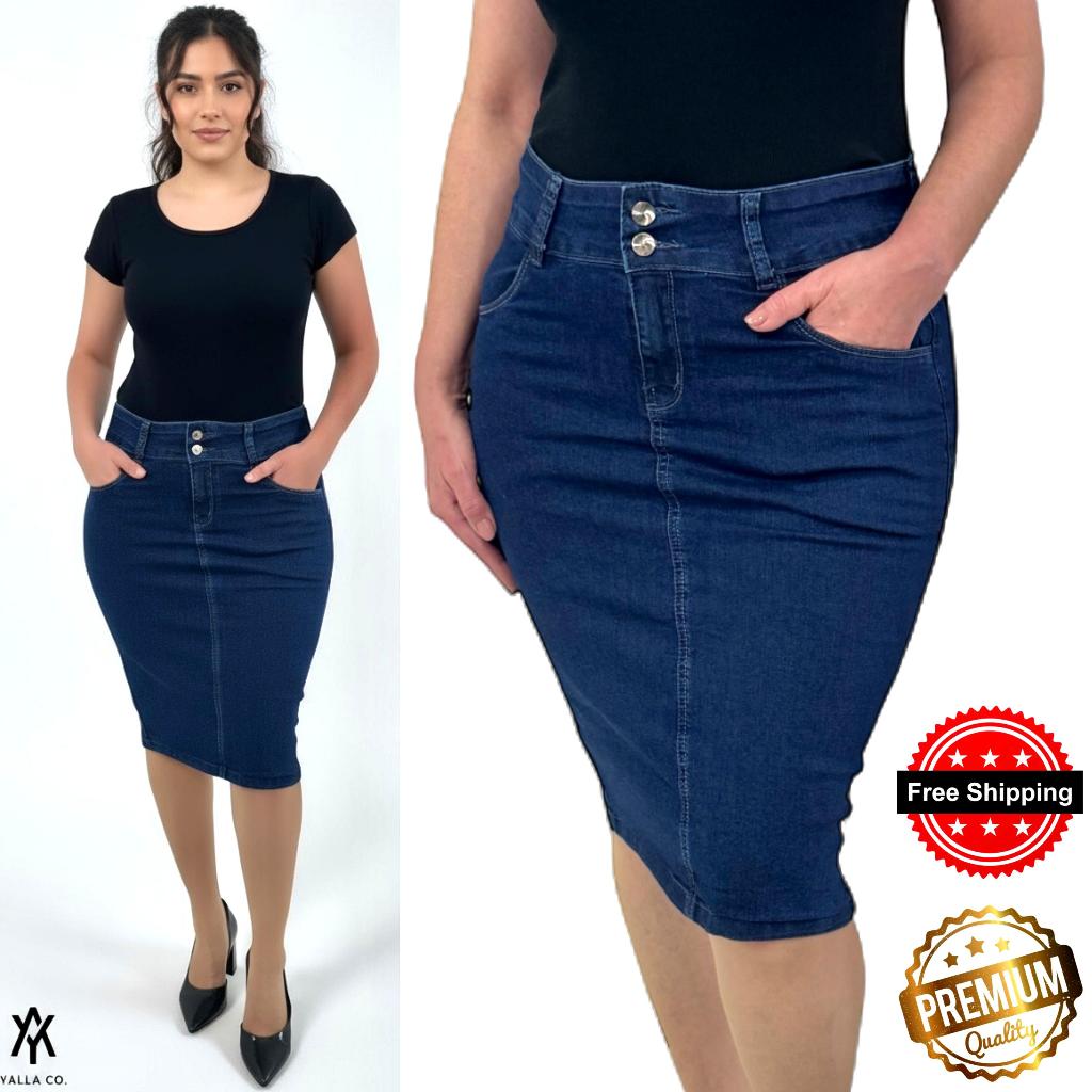 Saia Jeans Midi Evangélica Com Lycra Premium Cintura Alta Modelo Secretária Com 2 Botões em Oferta na Shopee
