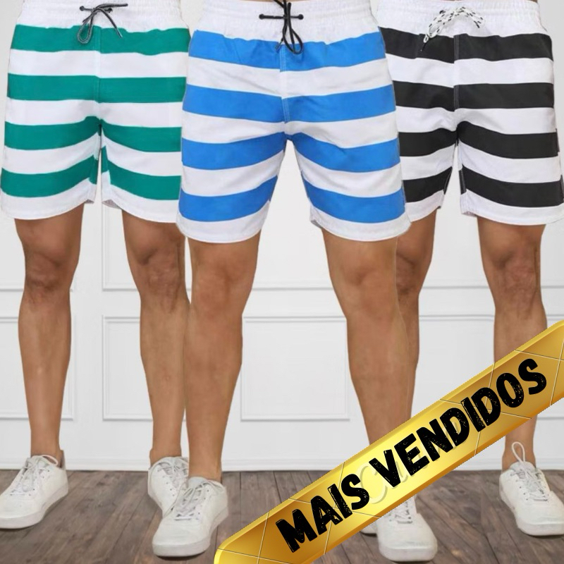 KIT 3-BERMUDA Tactel Grosso LISTRADO Masculino Mauricinho Surf Praia Piscina Secagem Rápida Academia