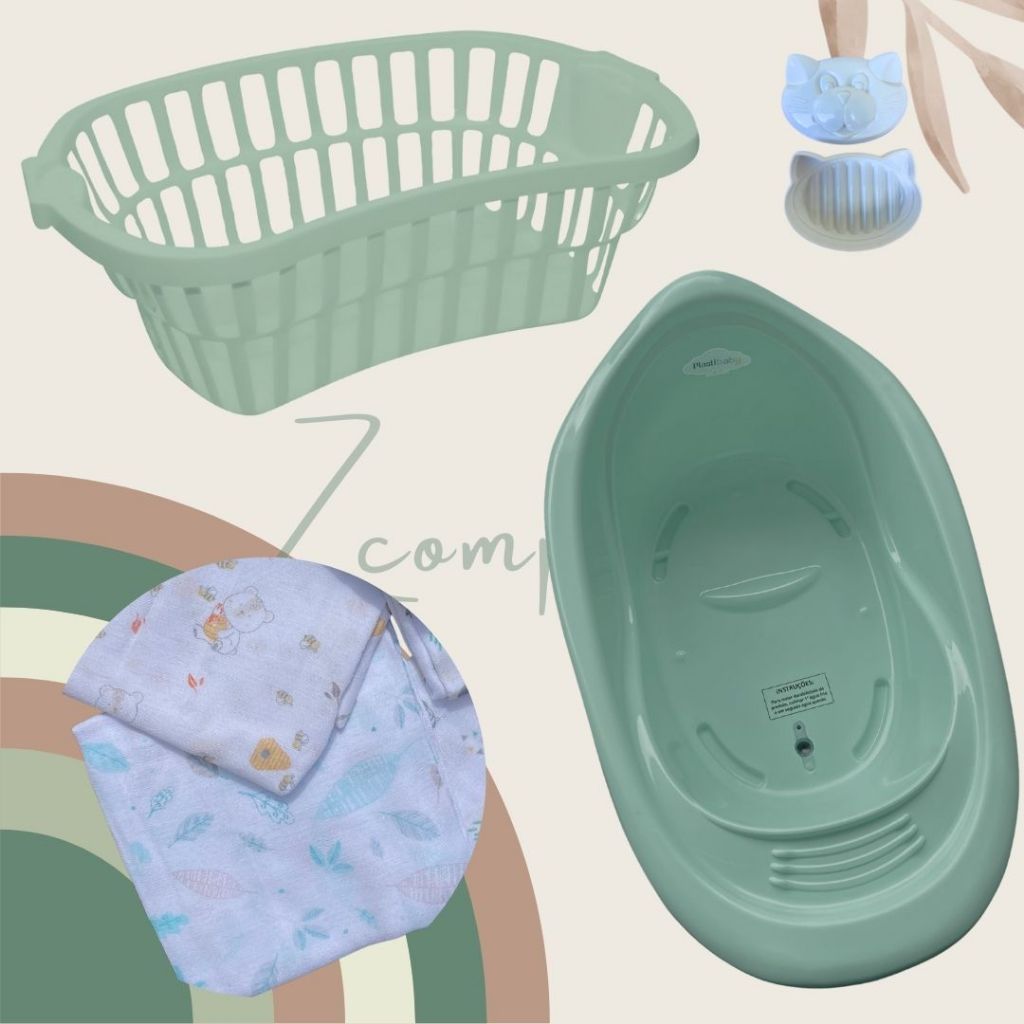 Kit Banho Bebê Banheira plástico cesto de roupa cueiro flanelado 5 ITENS