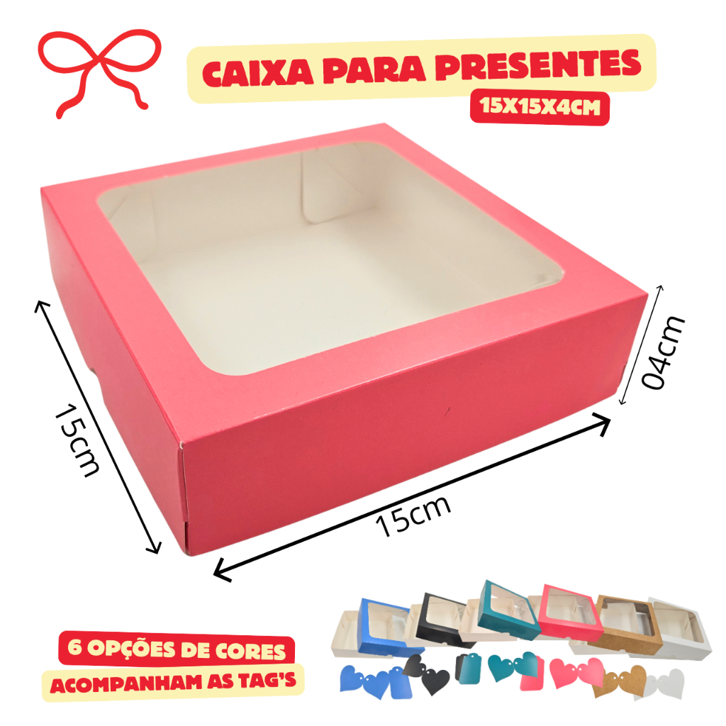 Caixa de Presente com Visor + Tags Coração, Rosa, Azul, preto, branco, kraft e verde | 15x15x4cm em Oferta na Shopee