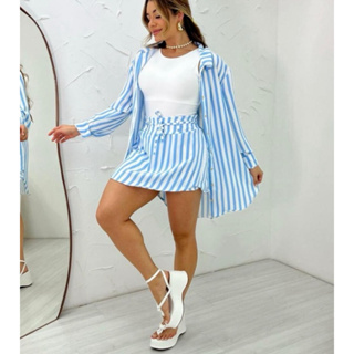 Conjunto Camisa Chemise e short Saia Feminino Listrado Moda feminina Verão em Oferta na Shopee