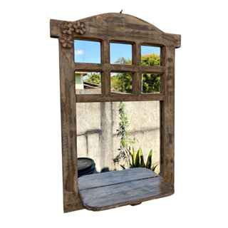 Moldura com Prateleira de Madeira com Espelho Rústico, artesanal, de parede, decorativo, corredores, área em Oferta na Shopee