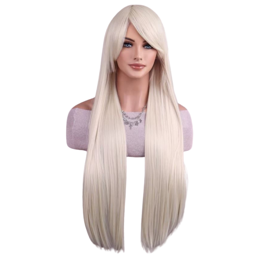 Peruca Orgânico Loira Platinada 65cm Lisa Com Franja Resistente ao Calor Para Cosplay em Oferta na Shopee