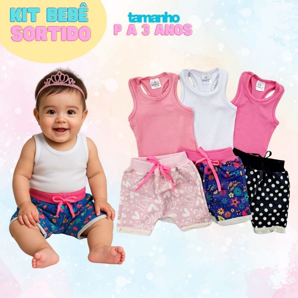 Kit 3 Conjuntos Infantil Bebê Menina Shorts Saruel C/ Cores e Estampas Sortidas Conjunto Verão Feminino Atacado Barato