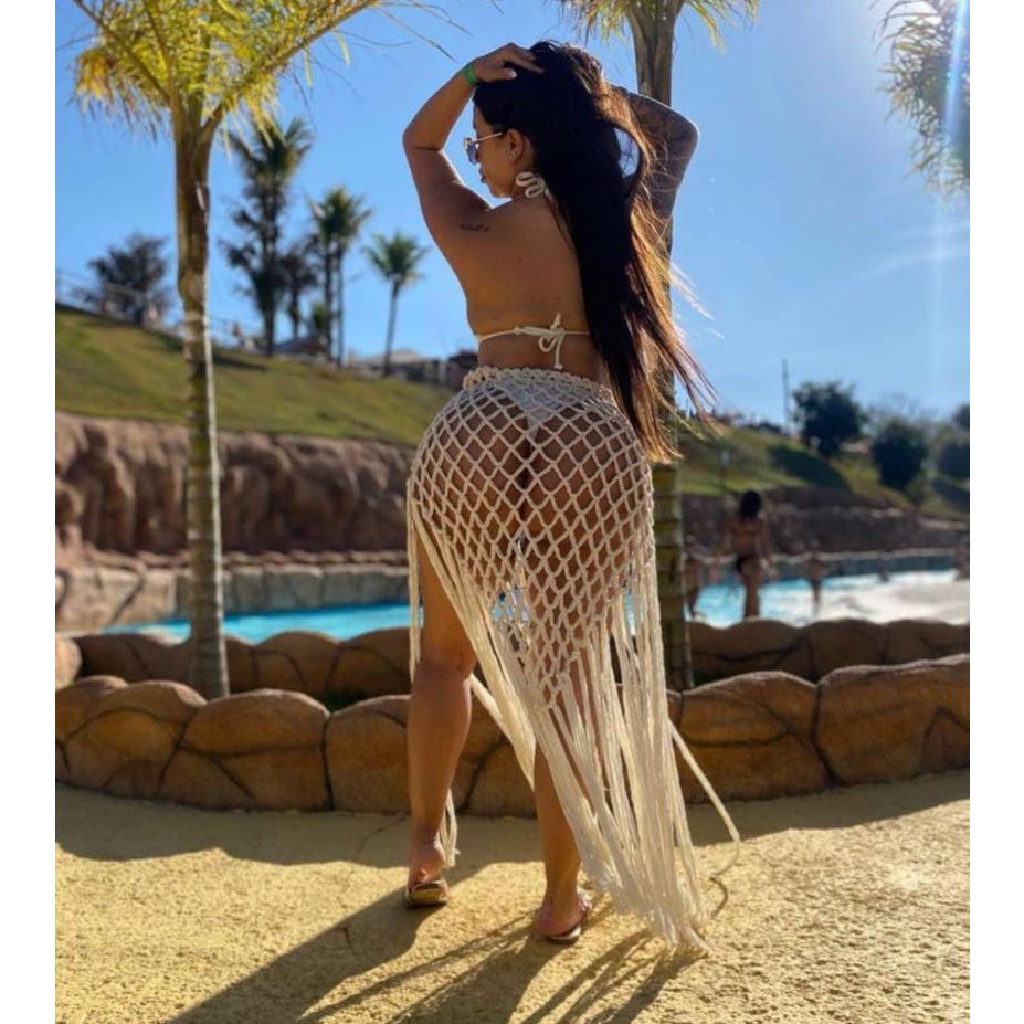 Saída de Praia Feminina, Saía em Crochê Artesanal Feminina. Saia Franja Bico Longo