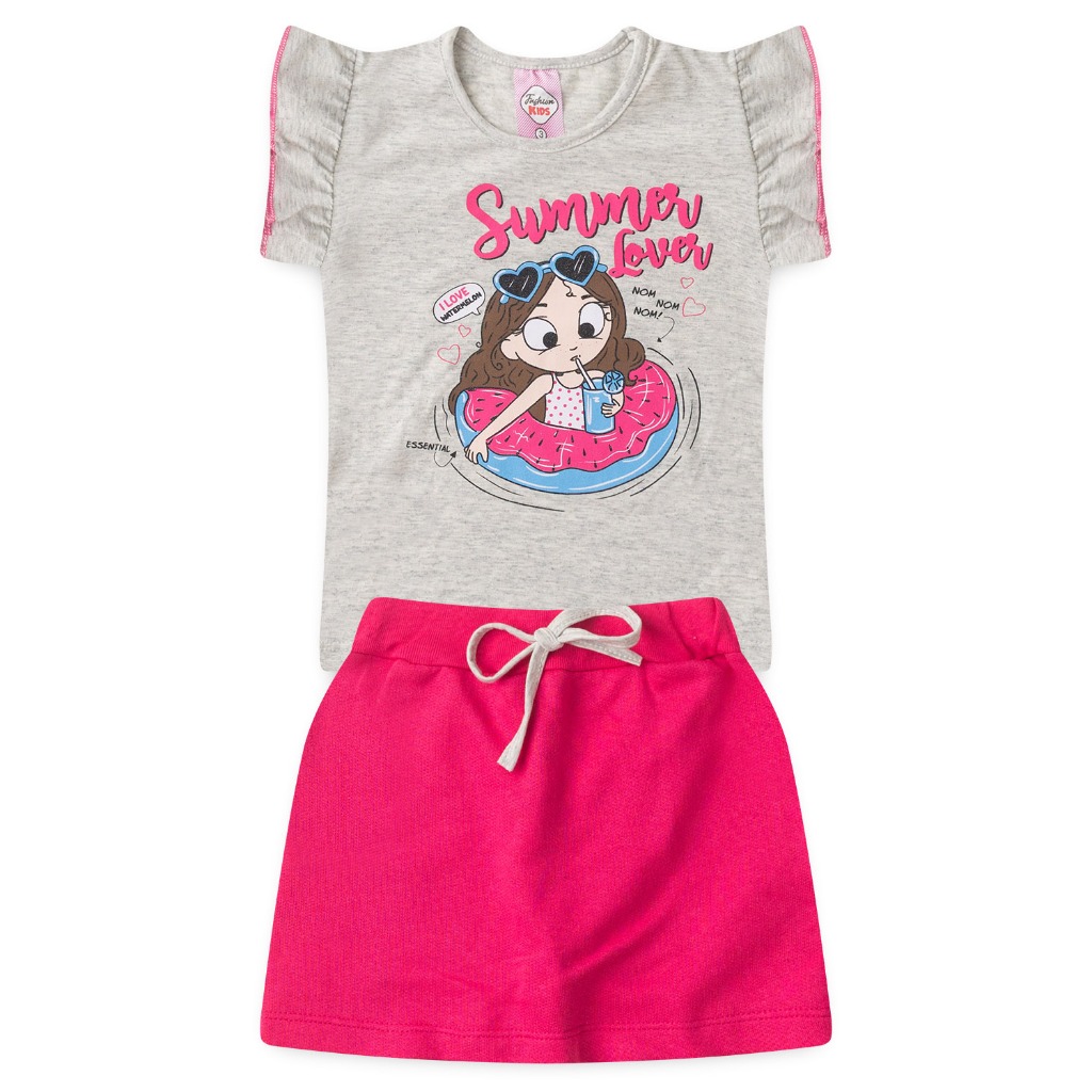 Conjunto Infantil Feminino Tamanhos 1, 2, e 3 anos – Blusa Manga Curta e Short Saia Moletinho