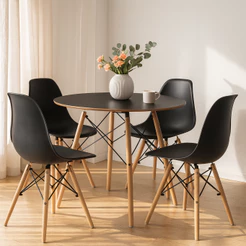 Conjunto Mesa Redonda 90cm com 4 Cadeiras Eames DSW Pés de Madeira Sala Jantar
