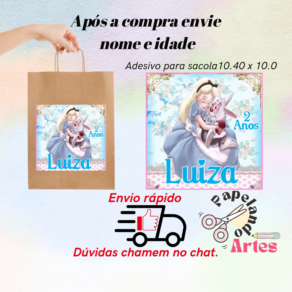 10/20/30/40/50 Adesivos P/Sacolas Personalizadas Kraft/Craft Tema: ALICE NO PAÍS MARAVILHAS