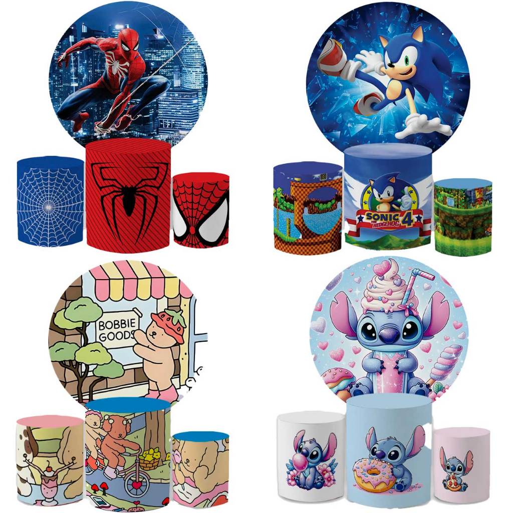 Kit Capa Painel De Festa Homem Aranha Sonic Stitch Bobbie Ursinho Goods Herois Vingadores