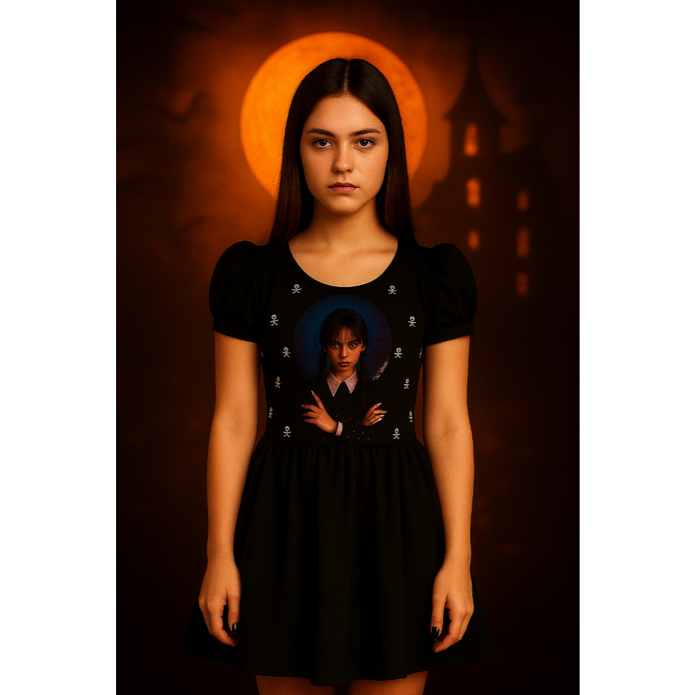 Vestido Preto Fantasia Wandinha Lisa Halloween