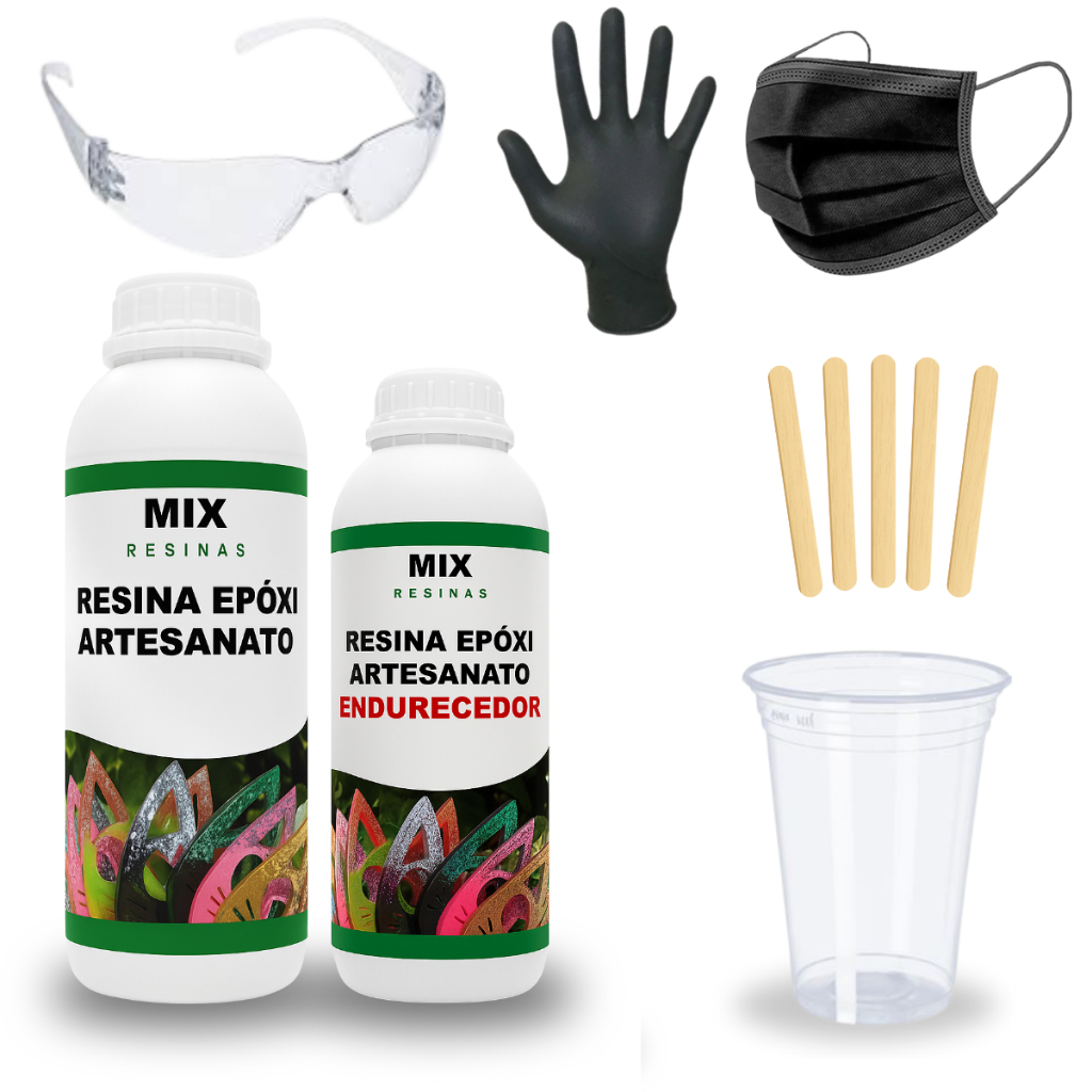 Kit Resina Para Artesanato Baixa Espessura 300g com Copo + Palito + Máscara + Luva + Óculos