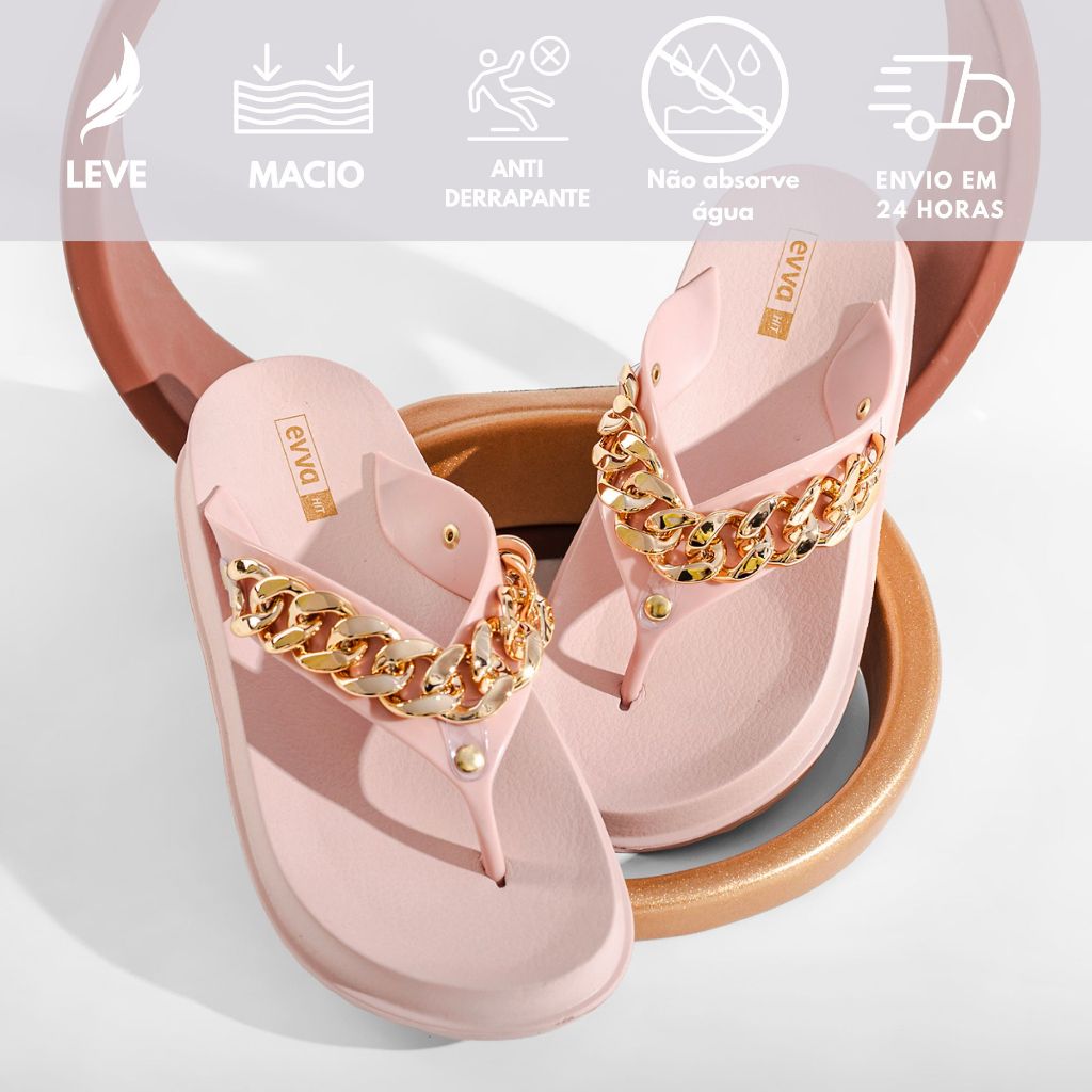 Chinelo Feminino Nuvem Com Corrente Dourada Blogueira Verão Lançamento Sandália Rasteira Papete Confortável
