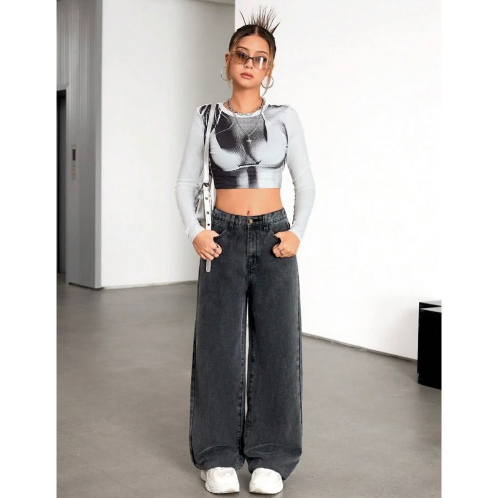 Calça Jeans Wide Leg Grafite Lisa Black Reta Baggy Feminina Infantil Juvenil Com Ajuste Blogueira Lançamento 10-16 em Oferta na Shopee