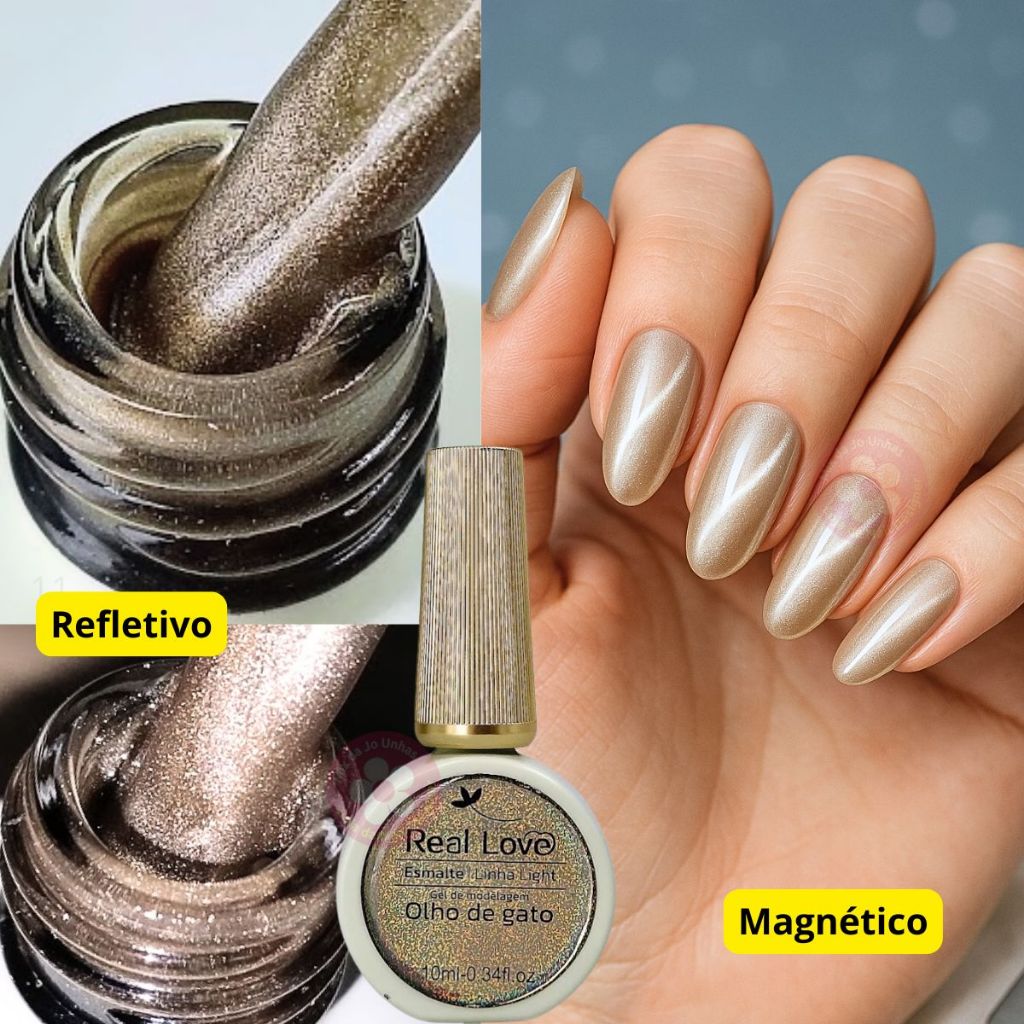 Esmalte gel magnético refletivo olho de gato Real Love Champagne glitter champagne